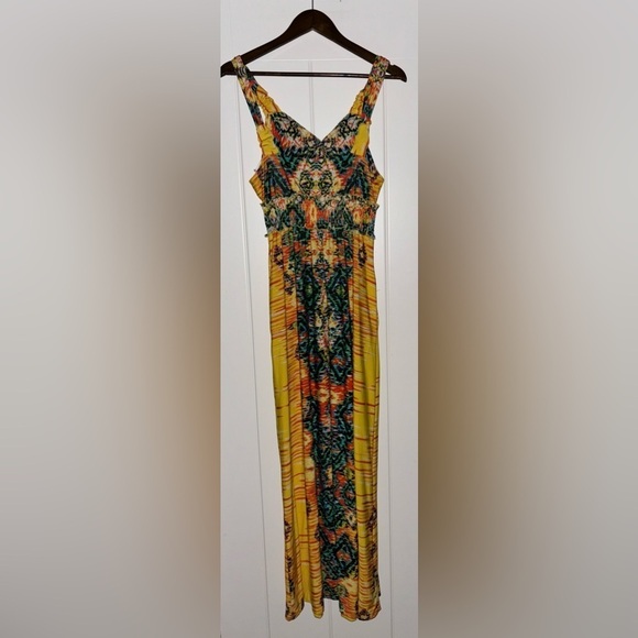 ECI NY Women Yellow Watercolor Maxi Dress Artsy Vibrant Size 10 Art To Wear Boho - Picture 2 of 9